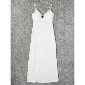 No Comment Women's Size S White Textured Maxi Dress Spaghetti Strap Gold Accent